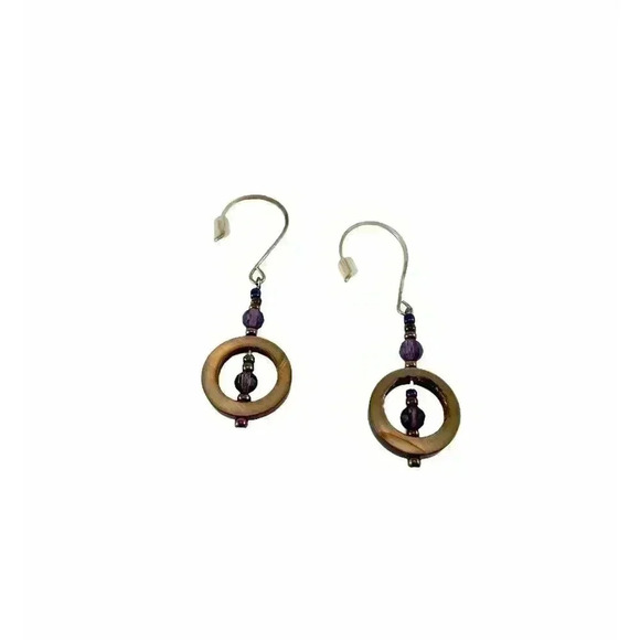 Brown Seashells Purple Faceted Bead Fish Hook Earrings - Picture 3 of 9